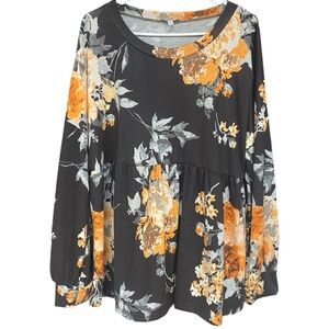 Floral Babydoll Tunic Top Black with Bold Orange and Grey Flower Print 1X